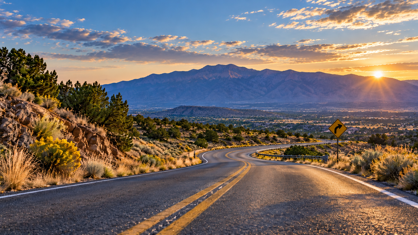 A winding Southwestern road at sunrise, with soft golden light illuminating the mountains ahead.
