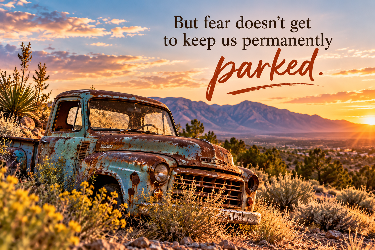 Old weathered truck in New Mexico with the quote, “But fear doesn’t get to keep us permanently parked.